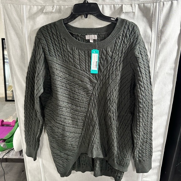 Evolution by Cyrus Aneesa Cable Knit Asymmetric Hem Olive Green Tunic Sweater XL - Picture 2 of 7